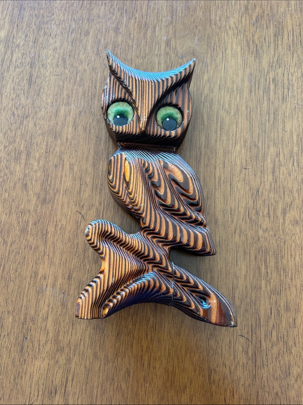 Handcrafted Wooden Owl Figurine with Green Glass Eyes